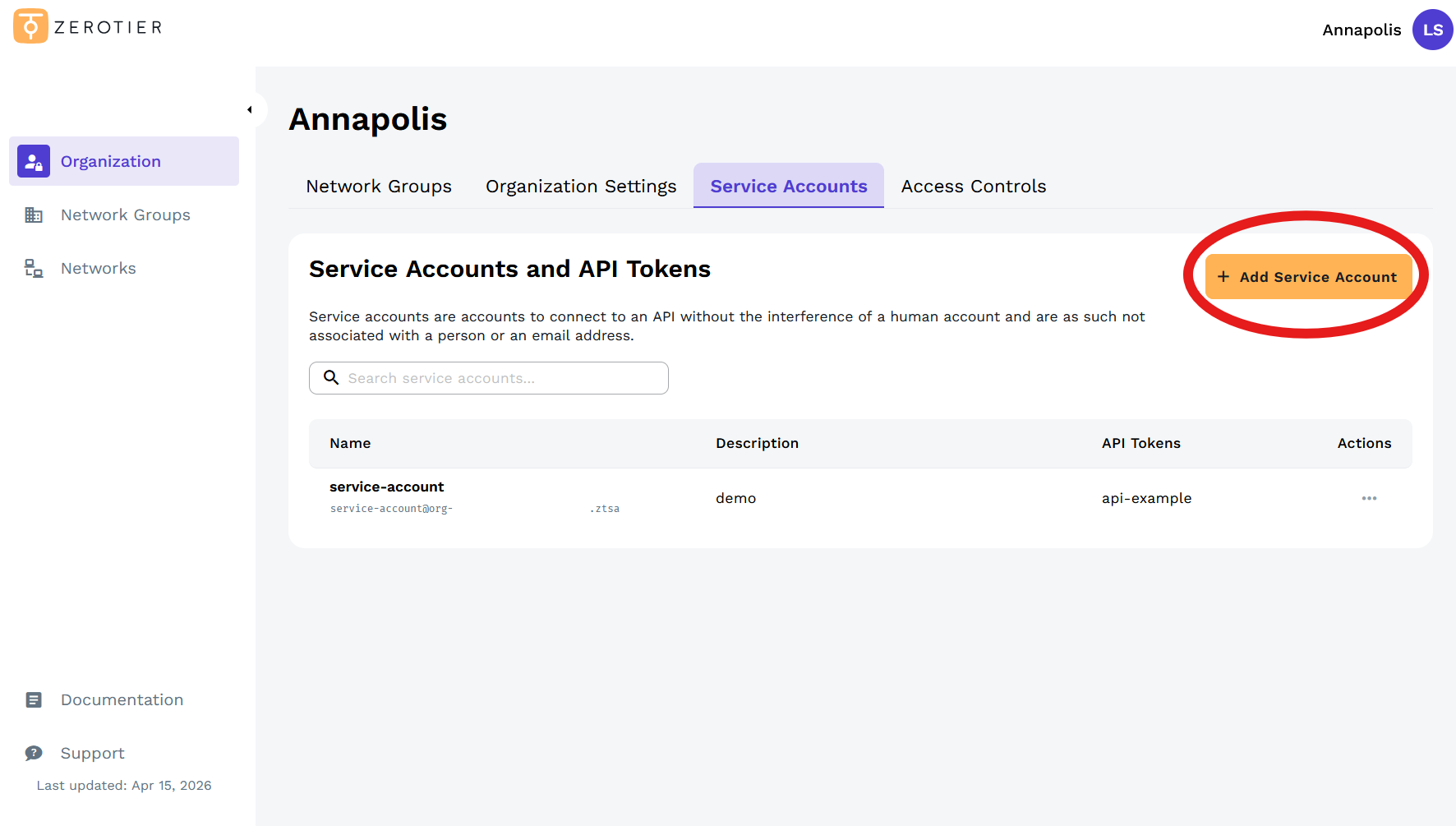 Service Accounts Page