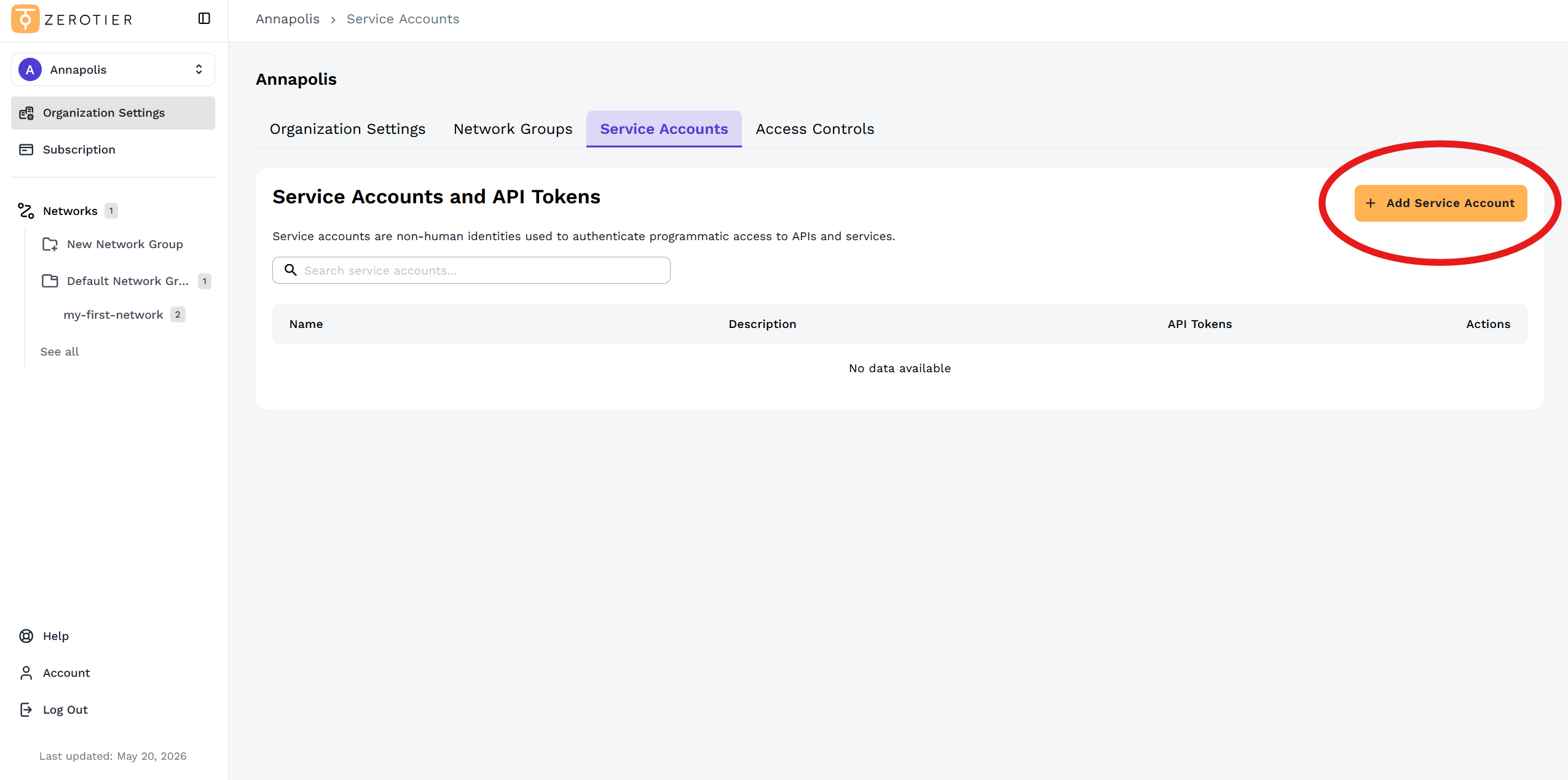 Service Accounts Page