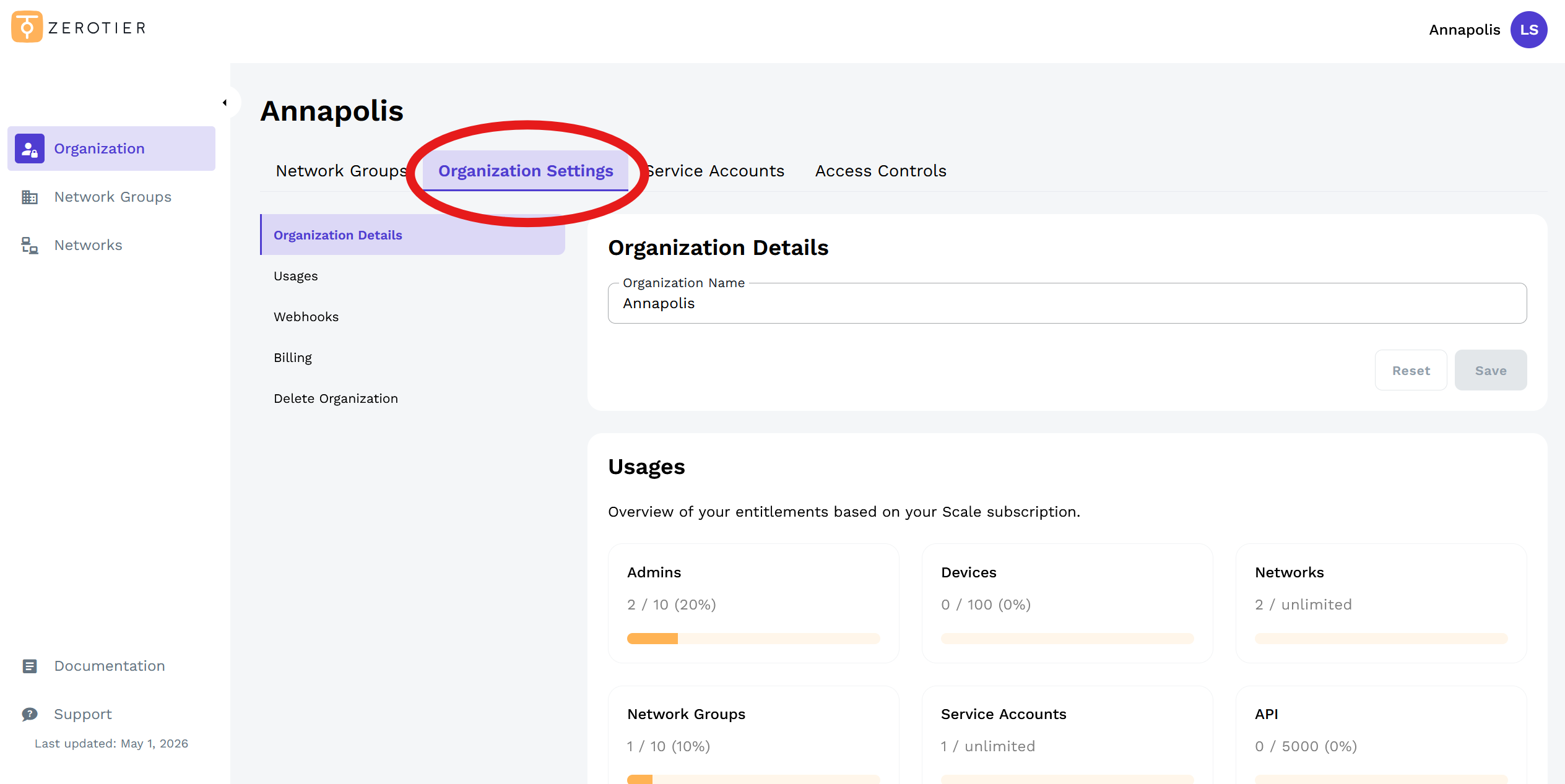 Navigate to Organization Settings