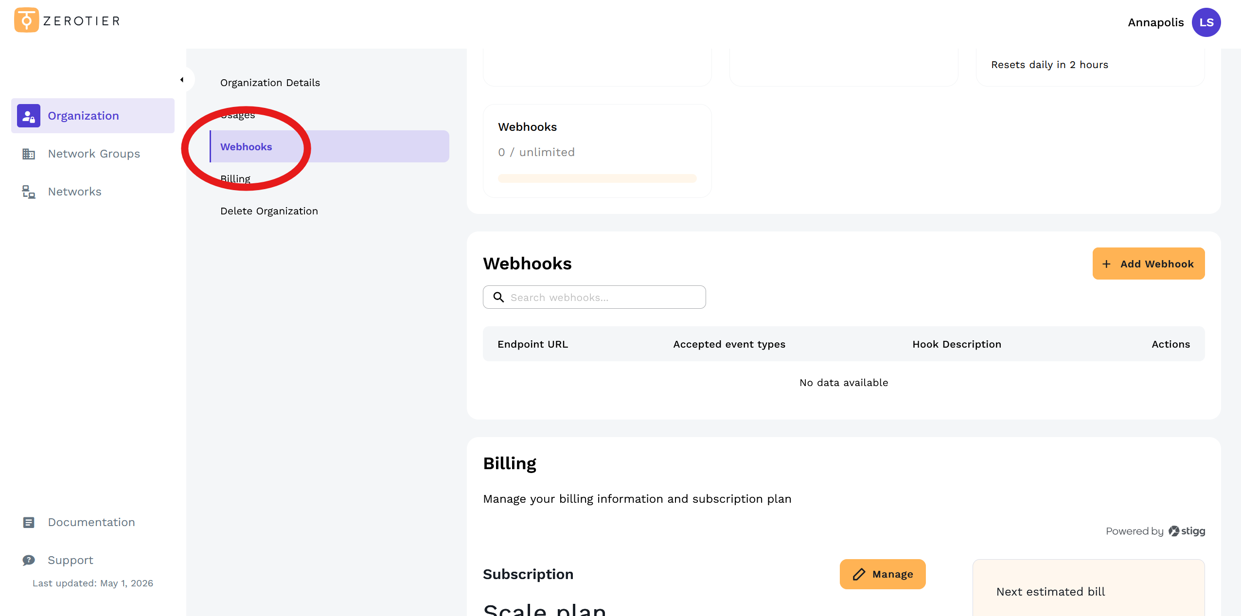Webhooks Section
